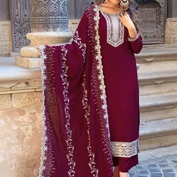 HERE&NOW Women Ethnic Motifs Yoke Design Regular Thread Work Kurta with Trousers & With Dupatta-picture-12