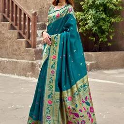 KALINI Teal Silk Blend Woven Design Sarees image 4