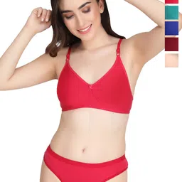 Liigne Pack Of 5 Women Everyday Light Padded Bra Mid Rise Bottom Pure Cotton Lingerie Set-picture-14