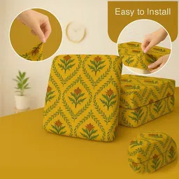 STITCHNEST Yellow 6 Piece Printed Lycra Sofa Cover image 3