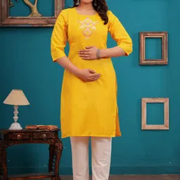 CELEBRAVO Floral Embroidered Yoke Design Round Neck Mirror Work Straight Maternity Kurta-picture-37