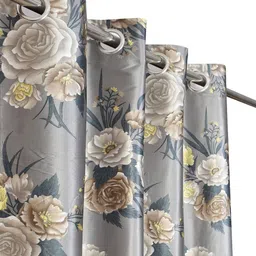 Aura Grey & Yellow Set of 2 Floral Room Darkening Window Curtain image 2