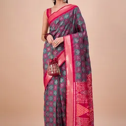 House of Pataudi Ethnic Motifs Woven Design Zari Ikat Saree image 2