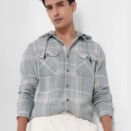 7 Alt by Pantaloons Tartan Checks Hooded Relaxed Fit Pure Cotton Shirt-picture-34