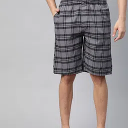 U S Polo Assn Men Grey & Black Pure Cotton Checked Lounge Shorts-image-98