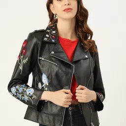 Leather Retail Women Black Solid Asymmetric Closure Leather Jacket-picture-10