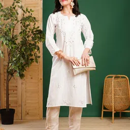 ADA Women White Cotton Lucknow Chikankari Handloom Kurta-picture-34
