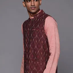 Fabindia Men Maroon & White Woven Design Nehru Jacket image 3