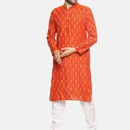 PAROKSH Men Orange & Cream-Coloured Ikat Woven Design Straight Kurta image 3
