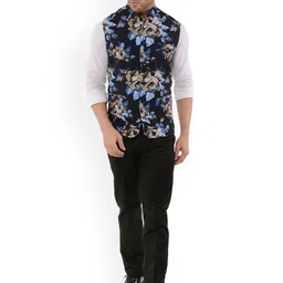 Hangup Men Navy Blue Printed Waist Coat image 3