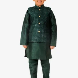 Pro-Ethic Style Developer Kids Dark Green Printed Full Sleeves Kurta, Waistcoat with Pyjamas image 1