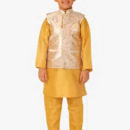 Pro-Ethic Style Developer Kids Gold & Cream Floral Full Sleeves Kurta, Waistcoat with Pyjamas image 1