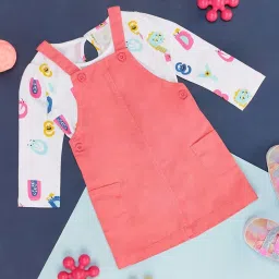 Pantaloons Baby Pink & White Cotton Printed Full Sleeves Dungaree Set image 1