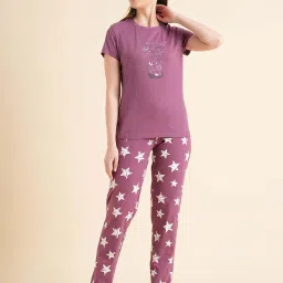 Sweet Dreams Purple Cotton Printed T-Shirt Pyjama Set image 1