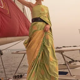 Elora Olive Green Printed Saree With Unstitched Blouse image 1