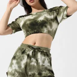 Campus Sutra Olive Green Printed Crop Top Shorts Set image 1