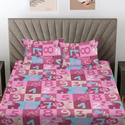 FABINALIV Pink Cartoon Print 100% Cotton King Size Double Bedsheet With 2 Pillow Covers-image-3