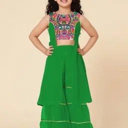 A.T.U.N. Kids Green & Fuchsia Pink Embroidered Kurta Set image 1