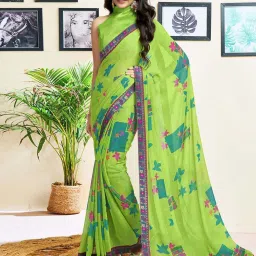 Satrani Green Floral Print Saree With Unstitched Blouse image 1