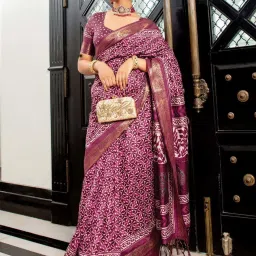 Satrani Wine Cotton Silk Printed Saree With Unstitched Blouse image 1