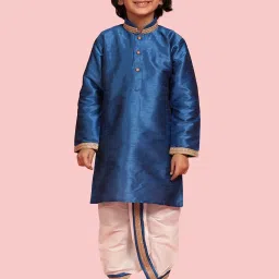 AJ Dezines Kids Blue & White Embroidered Full Sleeves Kurta Set image 1