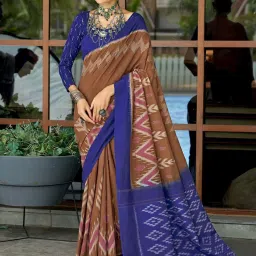 Satrani Brown & Blue Printed Saree With Unstitched Blouse image 1
