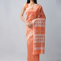 Unnati Silks Orange Cotton Silk Printed Saree With Unstitched Blouse-picture-14