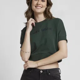 Spykar Dark Green Graphic Print Crop Sweatshirt image 1