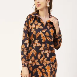 Moomaya Navy & Orange Printed Long Shirt image 1
