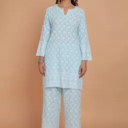 House of Kari Sky Blue Saba Chikankari Kurta Set in Rayon Kurta With Pant image 1