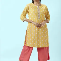 Rangmanch by Pantaloons Mustard Cotton Printed Straight Kurta image 1