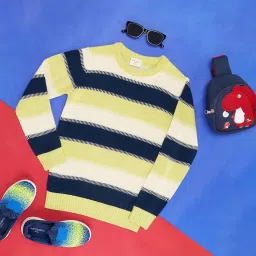 Pantaloons Junior Kids Green & Blue Striped Full Sleeves Sweater image 1