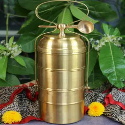 Ambi Super Elegant Gold Brass 3 Tier Tiffin Set with Spoon image 1