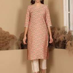 W Peach Floral Print Straight Kurta image 1