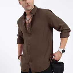 showoffff SHOWOFF Brown Cotton Slim fit Solid Shirt image 1