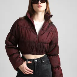 Only Maroon Relaxed Fit Cropped Puffer Jacket image 1