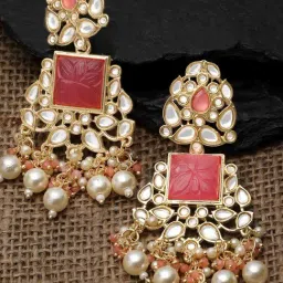 Karatcart Gold-Plated Pink Carved Stone Kundan Dangler Earrings for Women-image-51