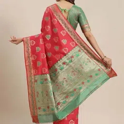 Blissta Coral & Green Woven Saree With Unstitched Blouse image 2