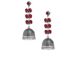 Bamboo Tree Jewels Red & Silver-Toned Handcrafted Dome Shaped Jhumkas image 1