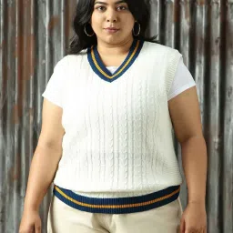 High Star Plus Size White Self Design Sweater image 1