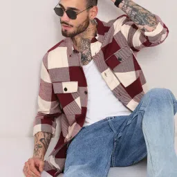 showoffff Showoff Maroon Cotton Regular Fit Checks Shacket image 1