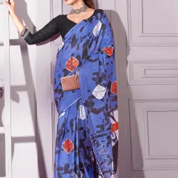 Saree Mall Blue Printed Sarees With Unstitched Blouse image 1