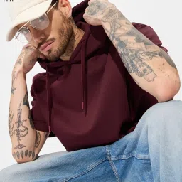 The Souled Store Burgundy Cotton Loose Fit Solid Hooded T-Shirts image 1
