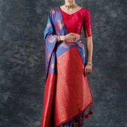 Saree Mall Blue Woven Sarees With Unstitched Blouse image 1
