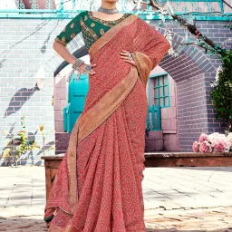 Saree Mall Pink Printed Sarees With Unstitched Blouse image 1