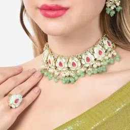 Zaveri Pearls Pink & Green Lotus Design Meenakari Choker Necklace Earring & Ring Set-ZPFK14755-picture-24