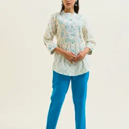 Jaipur Kurti Turquoise & Off White Cotton Floral Print Tunic-image-82