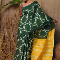 Unnati Silks Green & Yellow Cotton Printed Saree With Unstitched Blouse-picture-23