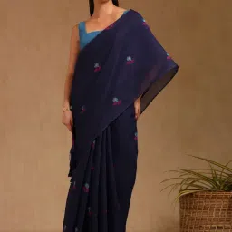 Soch Navy Blue Chanderi Printed Saree With Stitched Blouse-image-41
