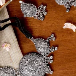 Teejh Ethnic Avni Floral Antique Silver Oxidized Necklace Set for Women-image-2